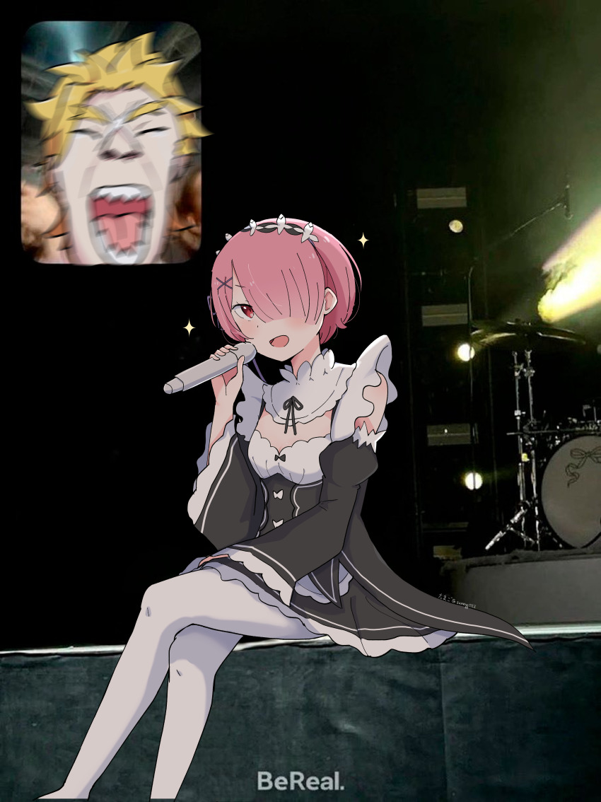 1boy 1girl absurdres bereal blonde_hair closed_eyes commentary_request concert crossed_legs drum drum_set fan_screaming_at_madison_beer_(meme) garfiel_tinsel hair_ornament hair_over_one_eye highres instrument looking_at_viewer maid maid_headdress meme music pantyhose parody photo-referenced photo_background pink_hair ram_(re:zero) re:zero_kara_hajimeru_isekai_seikatsu red_eyes roswaal_mansion_maid_uniform screaming sharp_teeth short_hair singing sitting stage stage_lights sunegg1112 teeth white_pantyhose x_hair_ornament