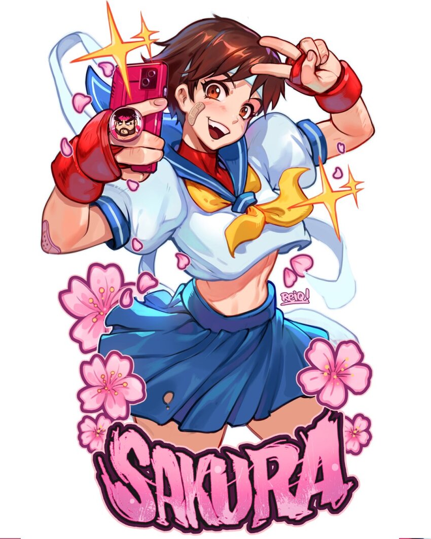 1girl bandaid bandaid_on_arm bandaid_on_face capcom character_name highres kasugano_sakura reiq school_uniform sparkle street_fighter tagme
