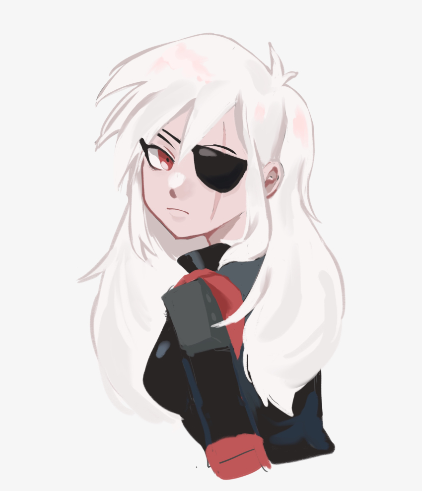1girl black_shirt closed_mouth cornfarm cropped_torso dc_comics expressionless eyepatch highres long_hair looking_at_viewer looking_back red_eyes rose_wilson scar scar_across_eye scar_on_face shirt shoulder_pads simple_background solo teen_titans teen_titans_go! upper_body white_background white_hair