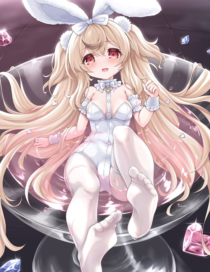 1girl animal_ears azur_lane bare_shoulders blonde_hair blush bow breasts covered_navel crystal cup drinking_glass fake_animal_ears feet hair_bow heart highres kinomiki_nobori knee_up legs leotard long_hair looking_at_viewer lying no_shoes official_alternate_costume on_back open_mouth pantyhose partially_submerged rabbit_ears red_eyes ribbon smile soles solo strapless strapless_leotard thighs toes two_side_up very_long_hair white_leotard white_pantyhose z9_(azur_lane) z9_(teary_cocktail)_(azur_lane)