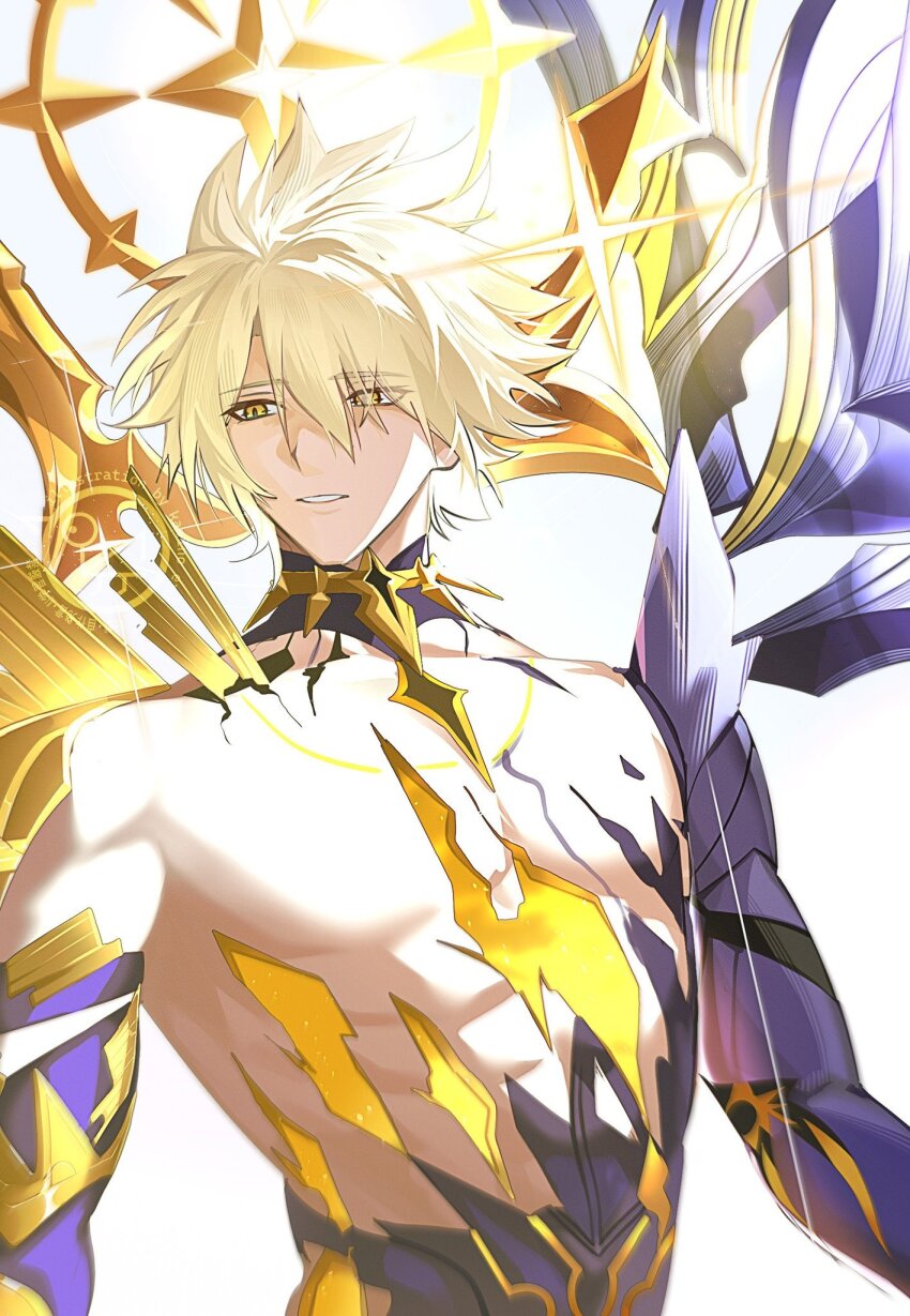 1boy alternate_costume asymmetrical_wings blonde_hair commentary_request cracked_skin hair_between_eyes halo halo_behind_head highres honkai:_star_rail honkai_(series) kamino_eru male_focus material_growth parted_lips phainon_(honkai:_star_rail) short_hair simple_background solo upper_body watermark white_background wings yellow_blood yellow_eyes