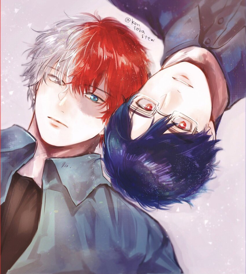 2boys black_shirt blue_jacket boku_no_hero_academia bright_pupils buttons glasses heterochromia highres iida_tenya jacket konsobastew looking_at_viewer male_focus multicolored_hair multiple_boys parted_lips rectangular_eyewear red_eyes red_hair rotational_symmetry scar scar_on_face shirt short_hair split-color_hair todoroki_shoto twitter_username white_hair white_pupils