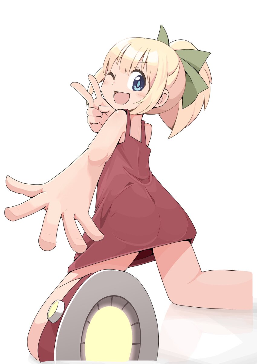 1girl ass bare_shoulders blonde_hair blue_eyes dress from_behind high_ponytail highres kneeling mega_man_(classic) mega_man_(series) one_eye_closed open_mouth ponytail red_dress roll_(mega_man) slyger_ex smile solo