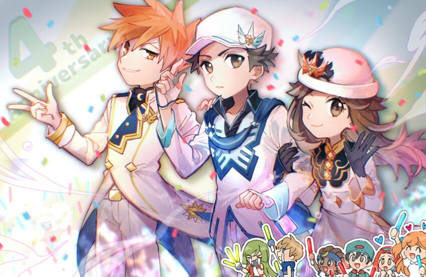 1girl 2boys 4girls 5boys ;) ace_trainer_(female)_(pokemon_oras) ace_trainer_(male)_(pokemon_sm) ace_trainer_(pokemon) alternate_color belt_buckle black_gloves blue_oak blue_oak_(champion) brown_eyes brown_hair buckle camper_(pokemon) chibi chibi_inset closed_mouth coat commentary eyelashes fingerless_gloves gloves glowstick half-closed_eye hat huan_li jacket lass_(pokemon) lass_(pokemon_frlg) leaf_(champion)_(pokemon) leaf_(pokemon) long_hair multiple_boys multiple_girls nintendo official_alternate_costume one_eye_closed pants parted_lips pokemon pokemon_masters_ex red_(champion)_(pokemon) red_(pokemon) rising_star_(pokemon) shirt short_hair smile w white_coat white_pants youngster_(pokemon)