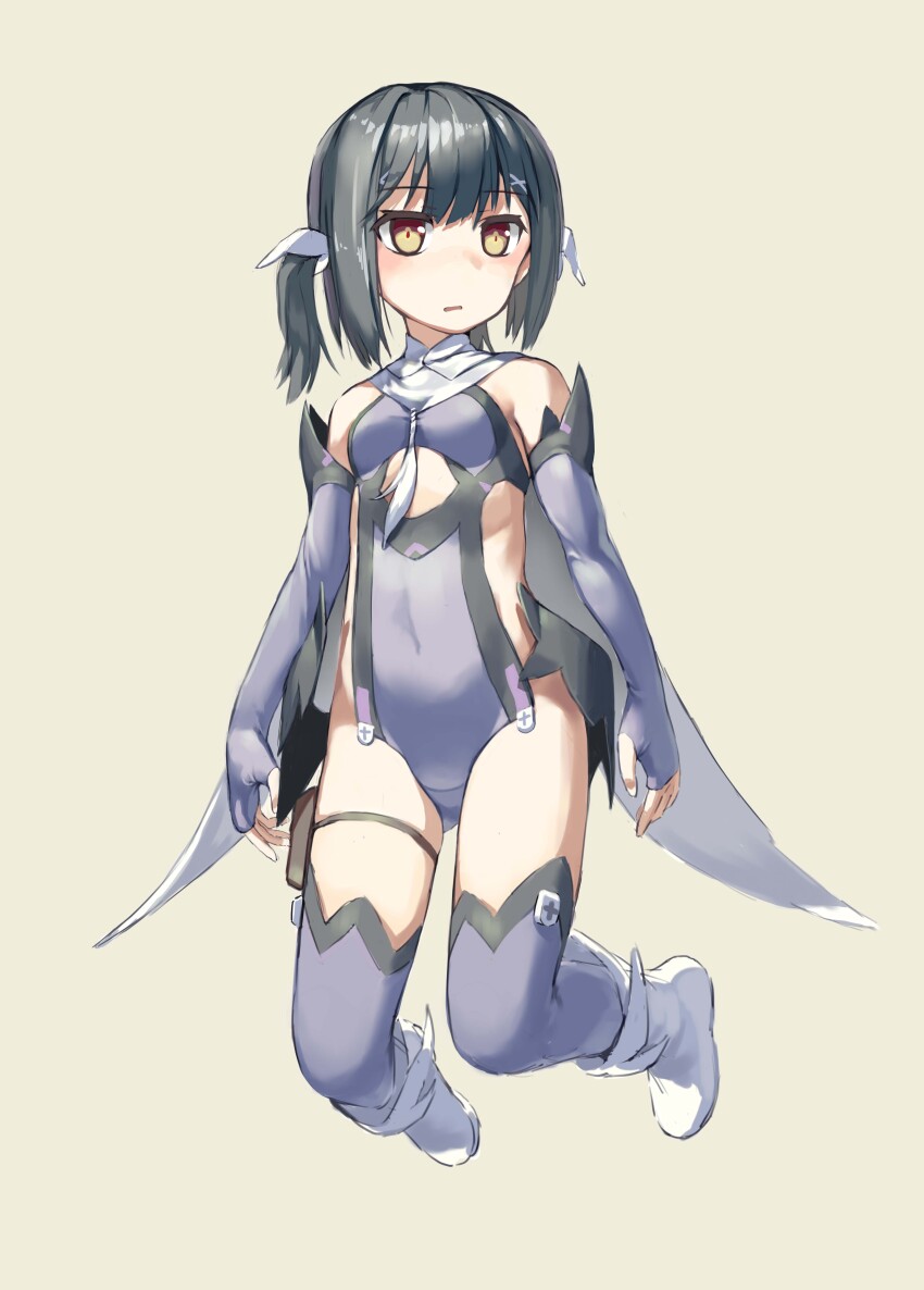 1girl absurdres black_hair blush boots breasts elbow_gloves expressionless fate/kaleid_liner_prisma_illya fate_(series) fingerless_gloves full_body gloves highres leotard looking_to_the_side magical_girl magical_sapphire medium_hair miyu_edelfelt purple_leotard simple_background small_breasts solo thighhighs twintails yellow_eyes zhongye_yu