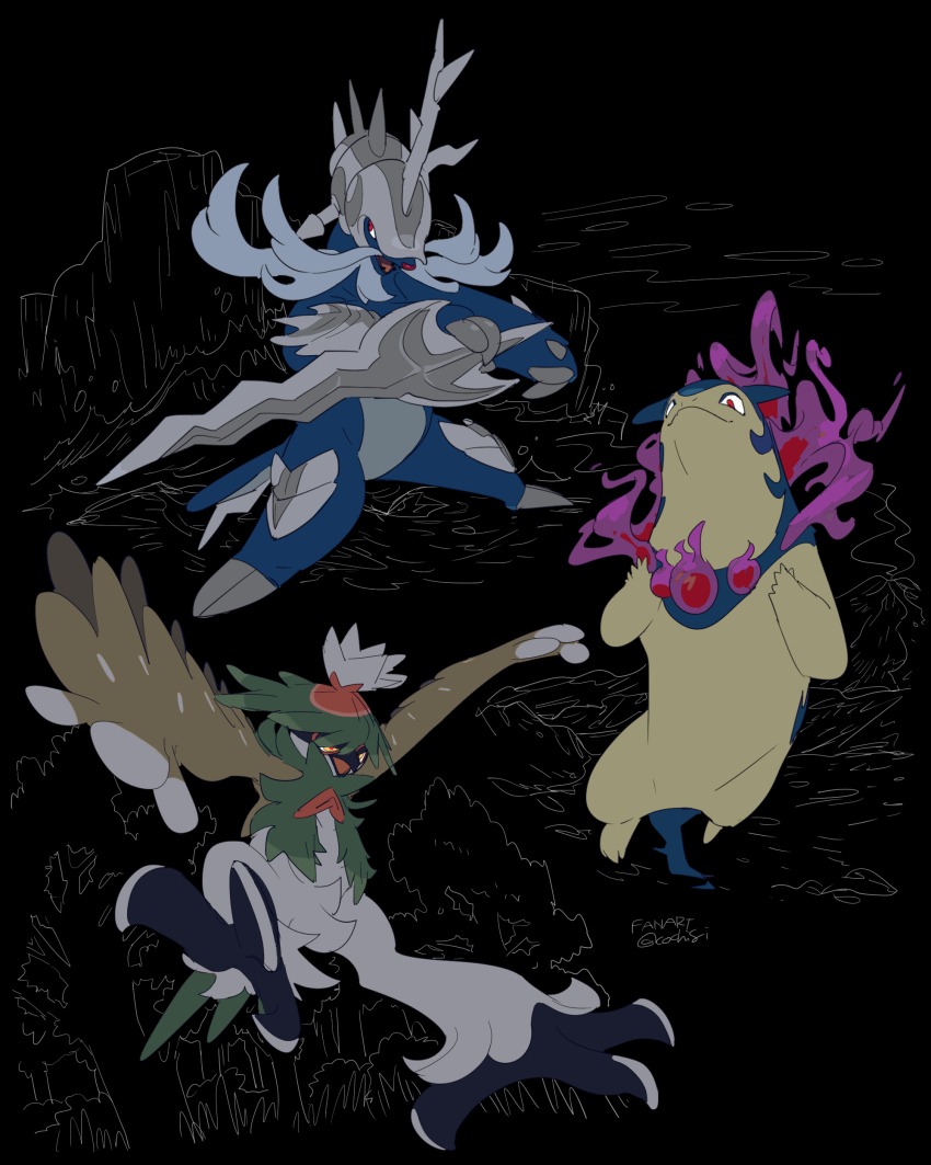 absurdres alternate_color autumn_leaves black_background closed_mouth facial_hair fangs fire forest hat highres hisuian_decidueye hisuian_samurott hisuian_typhlosion holding kochi8i leaf nature nintendo no_humans ocean pokemon pokemon_(creature) purple_fire seashell shell shiny_pokemon smile standing starter_pokemon_trio straw_hat sword tail talons volcano waves weapon wings
