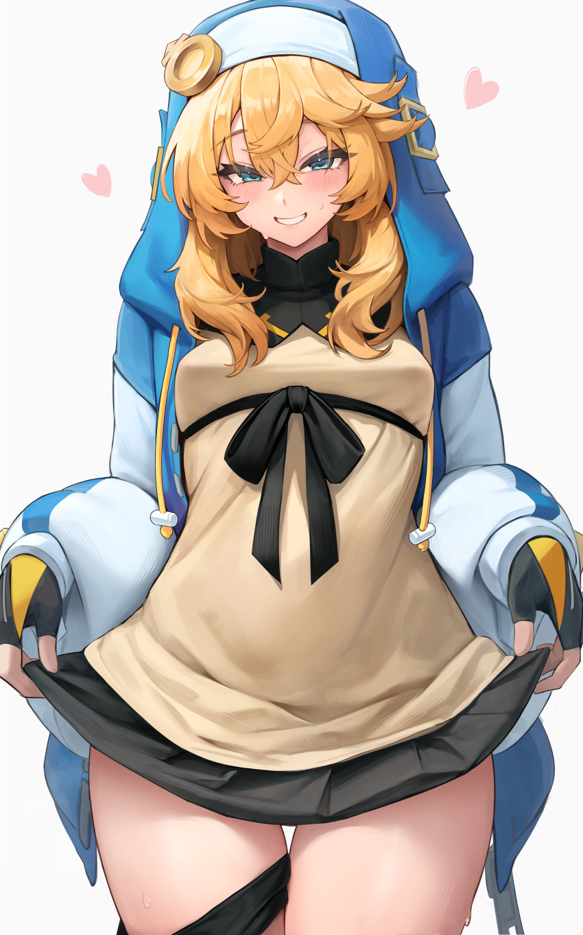 1boy absurdres androgyne_symbol black_gloves black_panties black_ribbon blush bridget_(guilty_gear) cowboy_shot fingerless_gloves gloves guilty_gear guilty_gear_strive hair_between_eyes hakusyokuto hat heart highres hood hood_up hooded_jacket jacket looking_at_viewer male_focus medium_hair miniskirt multicolored_jacket panties panty_pull ribbon simple_background skirt skirt_hold smile solo sweat thigh_gap trap two-tone_jacket underwear white_background