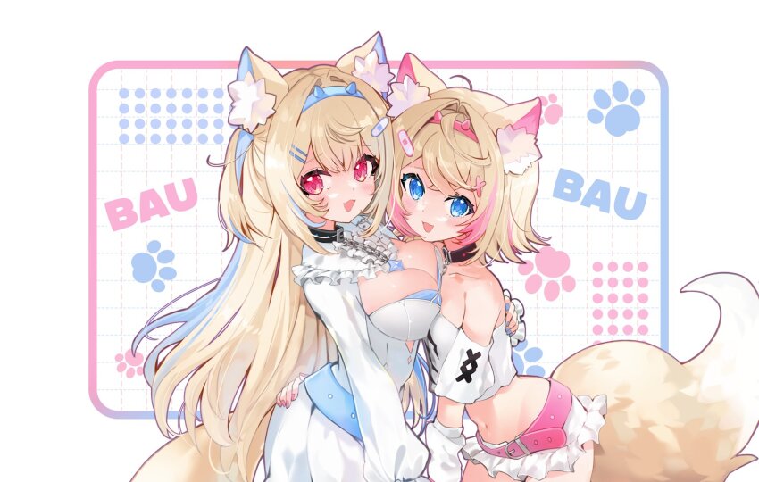 animal_ears asymmetrical_docking bandaid bandaid_hair_ornament belt blue_hair breast_press breasts dog_ears dog_girl dog_tail fuwawa_abyssgard hair_ornament hairband hamifr headband highres holoadvent hololive hololive_english horn_hairband hug large_breasts mococo_abyssgard pink_belt pink_eyes pink_hairband pink_headband siblings sisters small_breasts tail twins virtual_youtuber x_hair_ornament