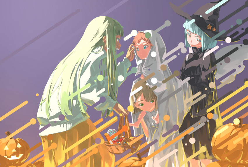 4girls absurdres barefoot black_dress black_headwear blue_eyes blue_hair blue_sweater brown_hair candy candy_cane cloak closed_mouth commentary_request dress food green_eyes green_hair hair_ornament hairclip halloween highres jack-o&#039;-lantern lollipop long_hair long_sleeves multiple_girls nico-tine open_mouth orange_hair original purple_background short_hair simple_background skirt sweater trick_or_treat white_cloak white_dress witch yellow_skirt