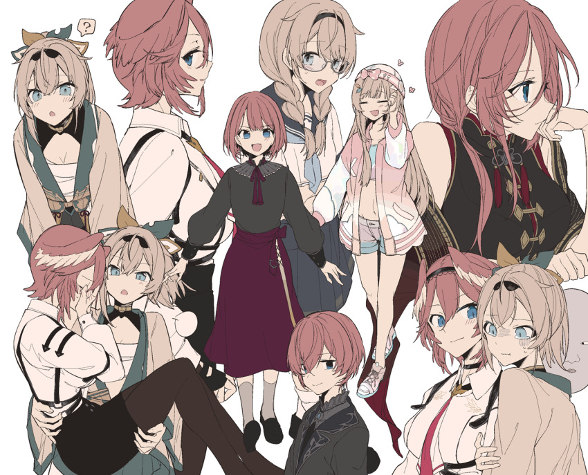 2girls :o ? adjusting_hair bespectacled black_dress black_pantyhose black_sailor_collar black_shirt black_shoes black_skirt blonde_hair blue_eyes blue_neckerchief bow bowtie braid breasts carrying chest_sarashi chinese_clothes cleavage closed_eyes collared_shirt commentary_request covering_face dress full_body glasses green_skirt hand_on_another&#039;s_back haori hat head_wings heart holding_another&#039;s_arm hololive jacket japanese_clothes kazama_iroha kazama_iroha_(1st_costume) kazama_iroha_(school_uniform) kazama_iroha_(street) leaning_forward letterman_jacket long_hair long_skirt long_sleeves looking_at_another looking_at_viewer looking_to_the_side medium_breasts multiple_girls multiple_views neckerchief necktie official_alternate_hair_length official_alternate_hairstyle pantyhose pencil_skirt pink_hair pink_hat pink_jacket princess_carry red_bow red_bowtie red_necktie red_skirt safai sailor_collar sarashi shirt shoes short_hair shorts simple_background skirt sleeveless sleeveless_dress small_breasts smile sneakers spoken_question_mark takane_lui takane_lui_(1st_costume) takane_lui_(british_gothic) takane_lui_(casual) takane_lui_(china_dress) twin_braids upper_body virtual_youtuber white_background white_jacket white_shirt white_shoes wings yellow_haori yuri