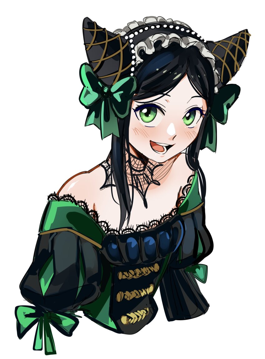 1girl absurdres black_hair black_trim bow cone_hair_bun dress frills gothic_lolita green_eyes hair_bun hairband highres kuroshitsuji lolita_fashion lolita_hairband looking_at_viewer off-shoulder_dress off_shoulder puffy_sleeves ribbon sieglinde_sullivan smile solo uneasywolf victorian