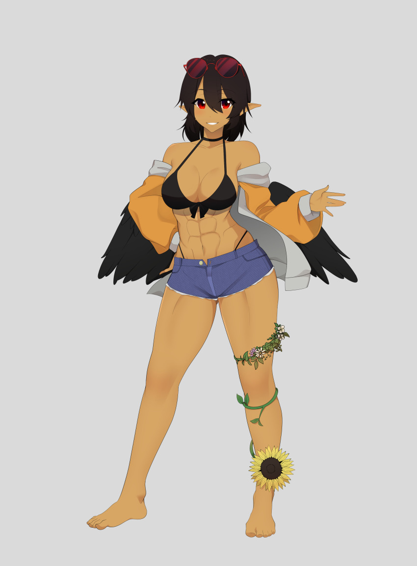 1girl abs absurdres bare_shoulders barefoot bikini bird_wings black_bikini black_bra black_hair black_panties bra breasts choker cleavage dark-skinned_female dark_skin eyewear_on_head flower glasses highres jacket large_breasts looking_at_viewer muscular muscular_female orange_jacket panties plant pointy_ears red_eyes shameimaru_aya short_hair short_shorts shorts simple_background smile solo swimsuit tan teeth tengu thighs thong touhou umisaki underwear vines waving wings