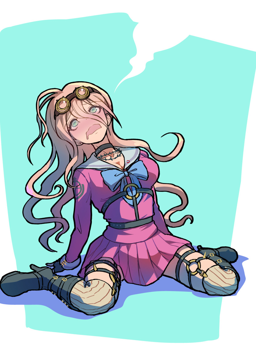 1girl absurdres antenna_hair blonde_hair blush breasts choker danganronpa_(series) danganronpa_v3:_killing_harmony fingerless_gloves gloves goggles goggles_on_head hair_between_eyes highres iruma_miu large_breasts long_hair long_sleeves open_mouth pink_serafuku pink_shirt school_uniform serafuku shirt skirt smile youko-shima