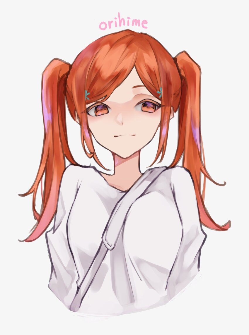 1girl 2022 alternate_eye_color alternate_hairstyle bleach breasts character_name closed_mouth female_focus hair_ornament hairclip highres inoue_orihime long_sleeves looking_to_the_side medium_hair orange_eyes orange_hair simple_background snowflake_hair_ornament twintails ui_1231 upper_body white_background