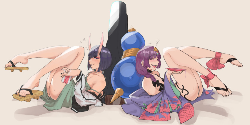 2girls :d ankle_ribbon bare_legs bare_shoulders black_hair black_nails blunt_bangs blush bob_cut bocchi_the_rock! closed_eyes commentary cosplay costume_switch drooling drunk english_commentary fate/grand_order fate_(series) feet full_body geta gourd guitar_case highres hiroi_kikuri hiroi_kikuri_(cosplay) horns instrument_case it_connection japanese_clothes kimono knees_up leg_ribbon legs long_hair multiple_girls nail_polish off_shoulder open_mouth parted_lips purple_hair ribbon sandals sharp_teeth short_hair shuten_douji_(fate) shuten_douji_(fate)_(cosplay) simple_background skin-covered_horns smile spaghetti_strap squeans strap_slip teeth toastitos toenail_polish toenails toes
