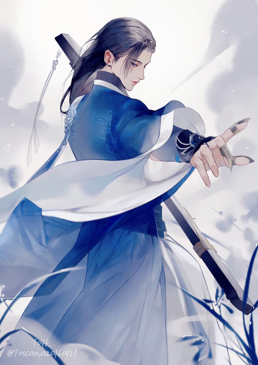 1boy arm_armor artist_name bishounen blue_eyes blue_robe blurry blurry_background character_request chinese_clothes claw_ring cloud cloudy_sky cowboy_shot fighting_stance grass highres holding holding_weapon jewelry long_hair looking_to_the_side male_focus multiple_rings nishui_han outdoors parted_lips print_robe reaching ring robe sky solo standing toscana20460423 twitter_username weapon weapon_request wide_sleeves wuxia