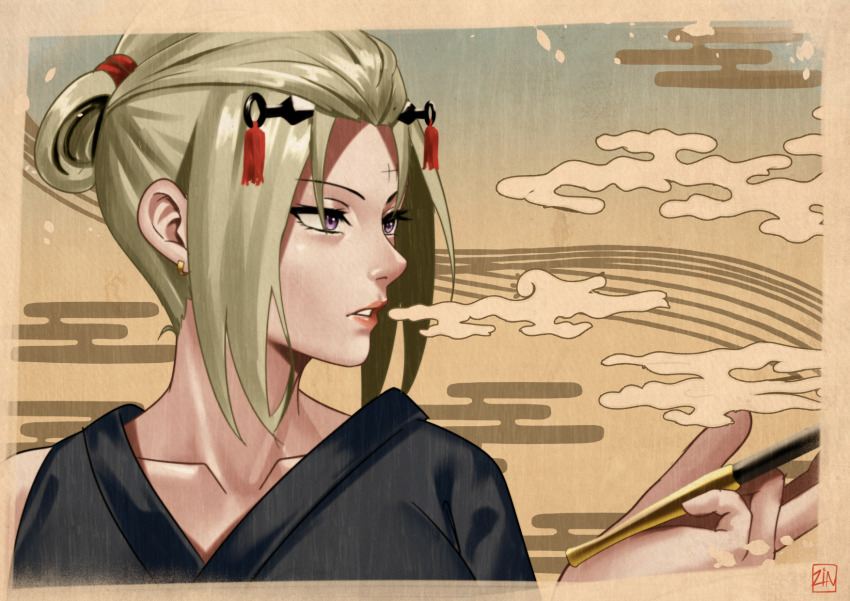 1girl black_kimono blonde_hair folded_ponytail gintama hair_ornament highres holding holding_smoking_pipe japanese_clothes kimono kiseru purple_eyes scar scar_on_face short_hair sleeveless sleeveless_kimono smoking smoking_pipe solo tsukuyo_(gintama) zinfian