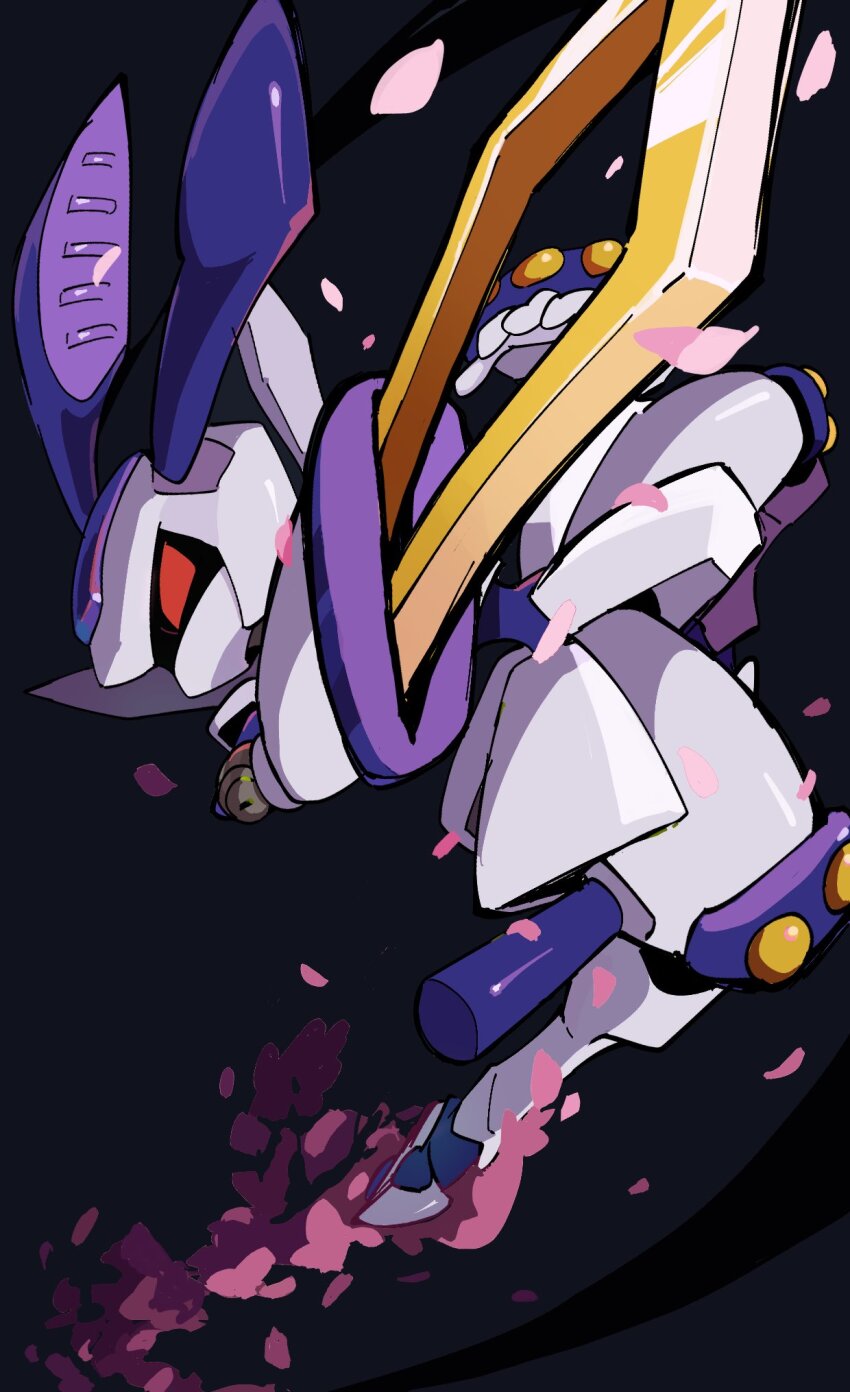 1boy arm_blade armor battoujutsu_stance cherry_blossoms dark_background fighting_stance highres horns humanoid_robot medarot midair petals ready_to_draw red_eyes robot rokusho_(medarot) solo weapon white_armor