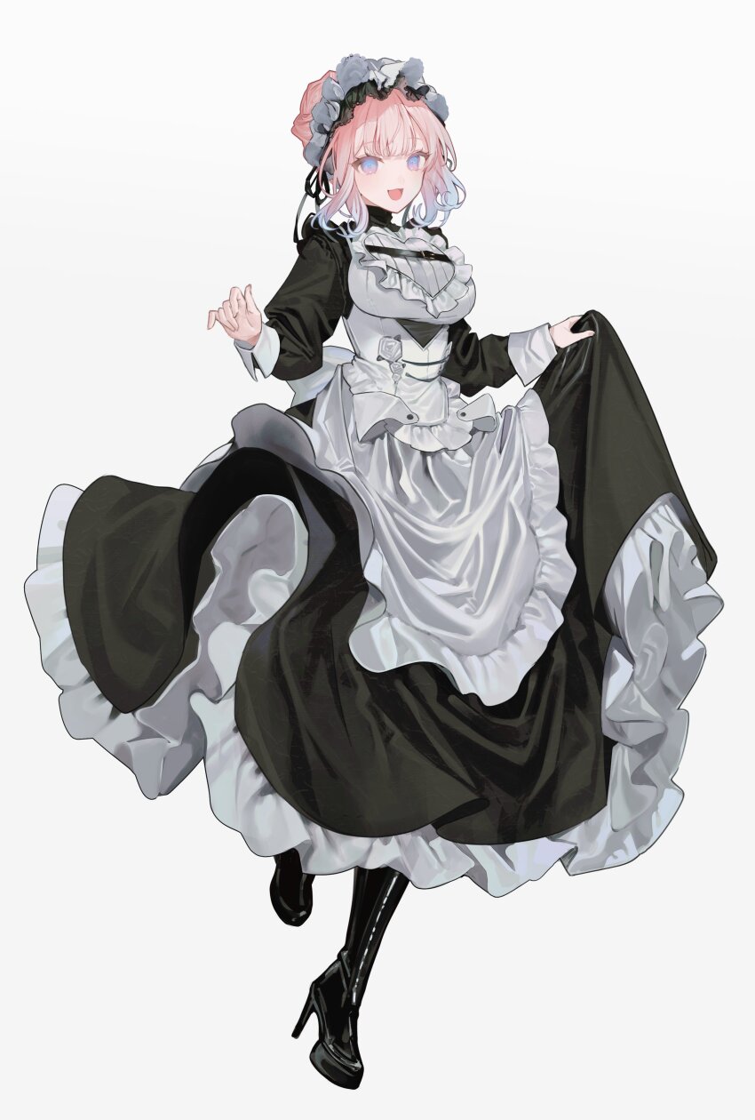 1girl absurdres apron black_boots blue_eyes boots commentary_request copyright_request daimaou_ruaeru dress frilled_apron frilled_dress frilled_headwear frills full_body gradient_eyes gradient_hair high_heel_boots high_heels highres long_sleeves looking_at_viewer maid maid_apron maid_headdress multicolored_eyes multicolored_hair open_mouth pink_eyes pink_hair puffy_long_sleeves puffy_sleeves simple_background skirt_hold solo tachi-e white_apron white_background