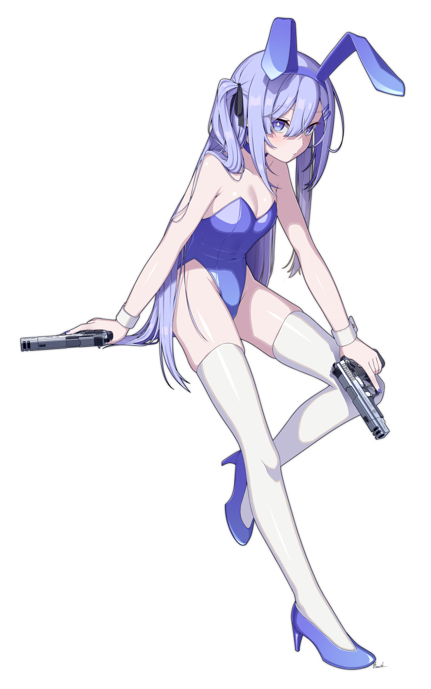 1girl absurdres animal_ears bare_shoulders bismuth_(paravene) blue_choker blue_leotard blue_shoes breasts choker closed_mouth commentary_request dual_wielding fake_animal_ears full_body gun hair_between_eyes high_heels highres holding holding_gun holding_weapon leotard medium_breasts original playboy_bunny purple_eyes purple_hair rabbit_ears shoes simple_background solo strapless strapless_leotard thighhighs weapon white_background white_thighhighs wrist_cuffs