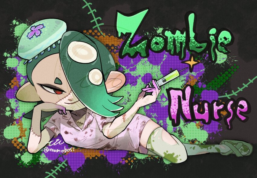 1girl alternate_costume english_text flip-flops green_hair hair_over_one_eye halloween halloween_costume hat highres looking_at_viewer lying momobosi nintendo nurse nurse_cap on_side red_eyes sandals shiver_(splatoon) smile solo splatoon_(series) splatoon_3 stitches syringe tentacle_hair thighhighs zombie