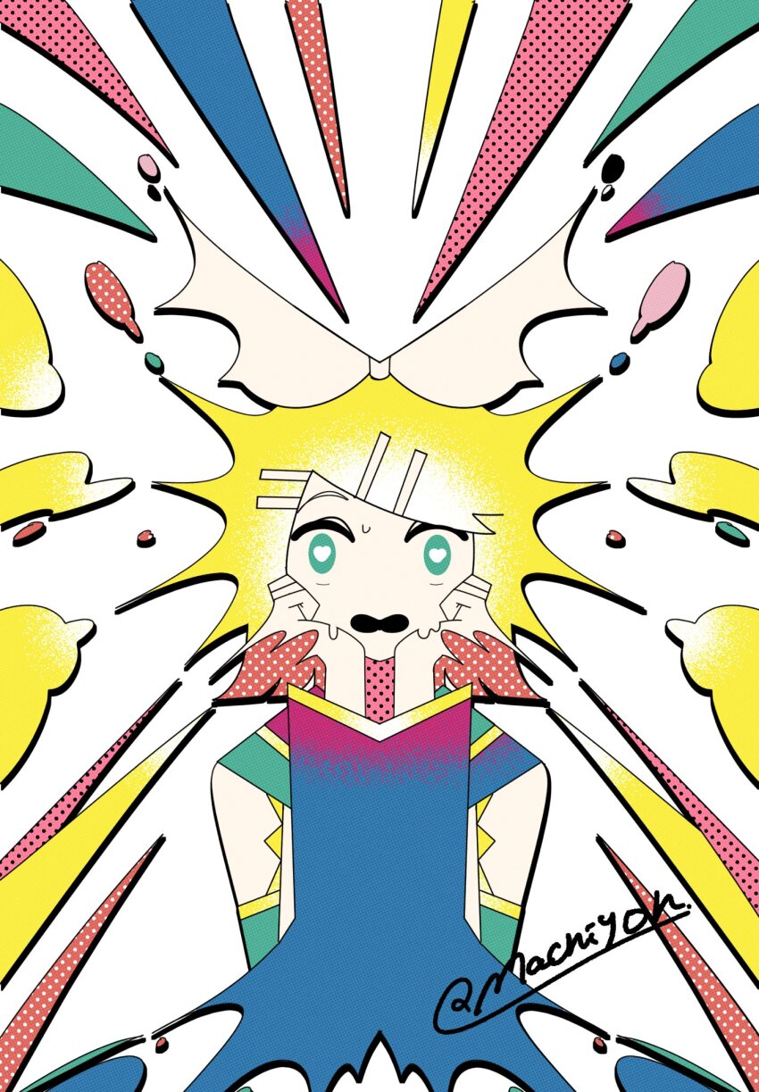 1girl blonde_hair bow green_eyes hair_bow hair_ornament halftone hands_on_own_cheeks hands_on_own_face hands_up heart heart-shaped_pupils highres kagamine_rin long_sleeves looking_at_viewer machigami_yoh open_mouth paint_splatter signature solo straight-on symbol-shaped_pupils upper_body vocaloid white_background