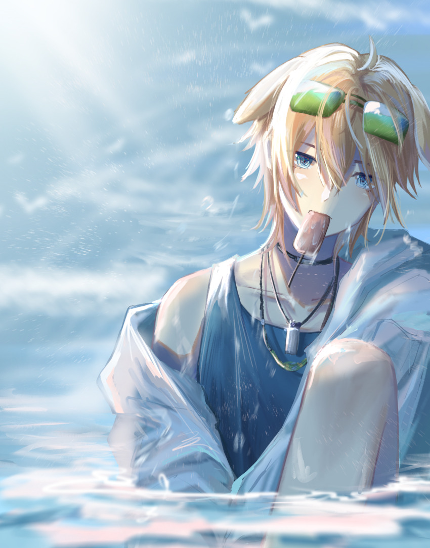 1boy ahoge animal_ears arknights bird bird_wings blonde_hair blue_eyes blue_sky blue_vest chinese_commentary closed_mouth collarbone commentary_request dog_boy dog_ears dog_tags food food_in_mouth hair_between_eyes highres hood hood_down hooded_jacket jacket jacket_partially_removed jewelry knee_up looking_at_viewer male_focus messy_hair multiple_necklaces necklace ocean open_clothes open_jacket popsicle popsicle_in_mouth seagull shirt sitting sky solo sun tequila_(arknights) thick_eyebrows vest water wet wet_clothes wet_face wet_hair wet_shirt wings xinghuangbeijixing