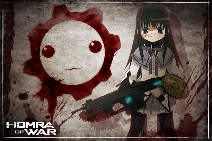 1girl :3 against_wall akemi_homura akemi_homura_(magical_girl) assault_rifle bayonet black_hair black_pantyhose blood blood_on_face borrowed_weapon chainsaw crimson_omen crossover female_focus gears gears_of_war gun hairband jitome kuro_chairo_no_neko kyubey lancer_(gears_of_war) long_hair mahou_shoujo_madoka_magica mahou_shoujo_madoka_magica_(anime) miniskirt no_nose pantyhose parody purple_eyes red_eyes ribbon rifle shadow shield sidelocks skirt solo spikes weapon