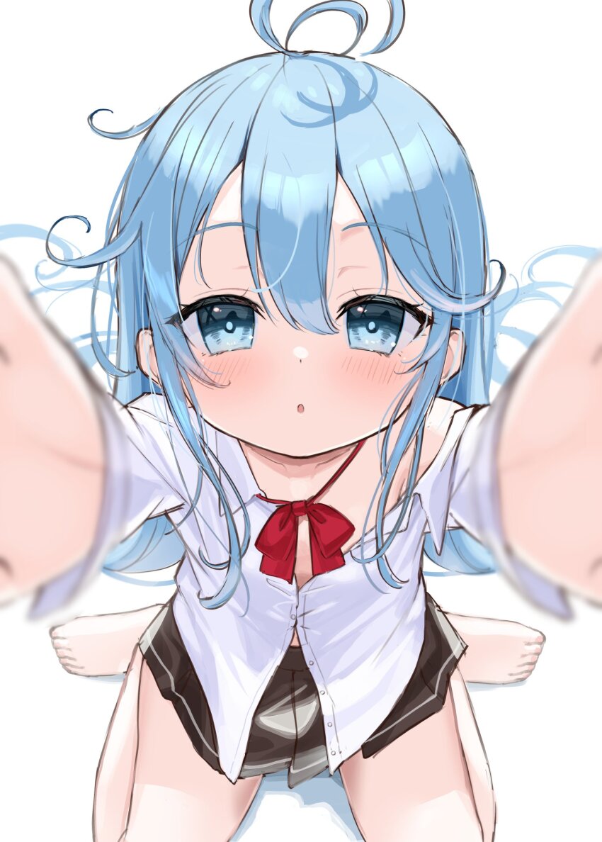 1girl :o barefoot black_skirt blue_eyes blue_hair blurry blurry_background bow collared_shirt commentary_request copyright_request denpa_onna_to_seishun_otoko depth_of_field dress_shirt from_above hair_between_eyes hair_spread_out highres long_hair long_sleeves looking_at_viewer looking_up off_shoulder parted_lips pleated_skirt reaching reaching_towards_viewer red_bow school_uniform shirt simple_background sitting skirt solo touwa_erio tsukiman very_long_hair wariza white_background white_shirt