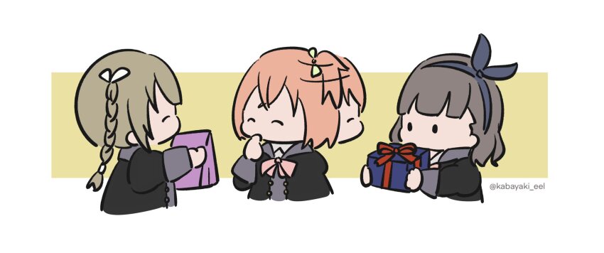 3girls ^_^ afterimage amamiya_sophia_seren arm_at_side assault_lily black_jacket blue_bow blue_hairband blunt_bangs bow bow_hairband bowtie box braid brown_hair chibi closed_eyes cropped_torso crossed_bangs facing_another finger_to_mouth gift gift_bag gift_box green_bow hair_bow hair_ribbon hairband hand_up hands_up highres holding holding_gift jacket juliet_sleeves kabayaki_(kabayaki_eel) kishimoto_lucia_raimu kuroki_francisca_yuria long_hair long_sleeves looking_at_another ludvico_private_girls&#039;_academy_school_uniform medium_hair motion_lines multiple_girls no_mouth one_side_up outstretched_arm pink_bow pink_bowtie profile puffy_sleeves ribbon school_uniform short_hair solid_oval_eyes turning_head twin_braids twintails twitter_username two-tone_background white_background white_ribbon yellow_background