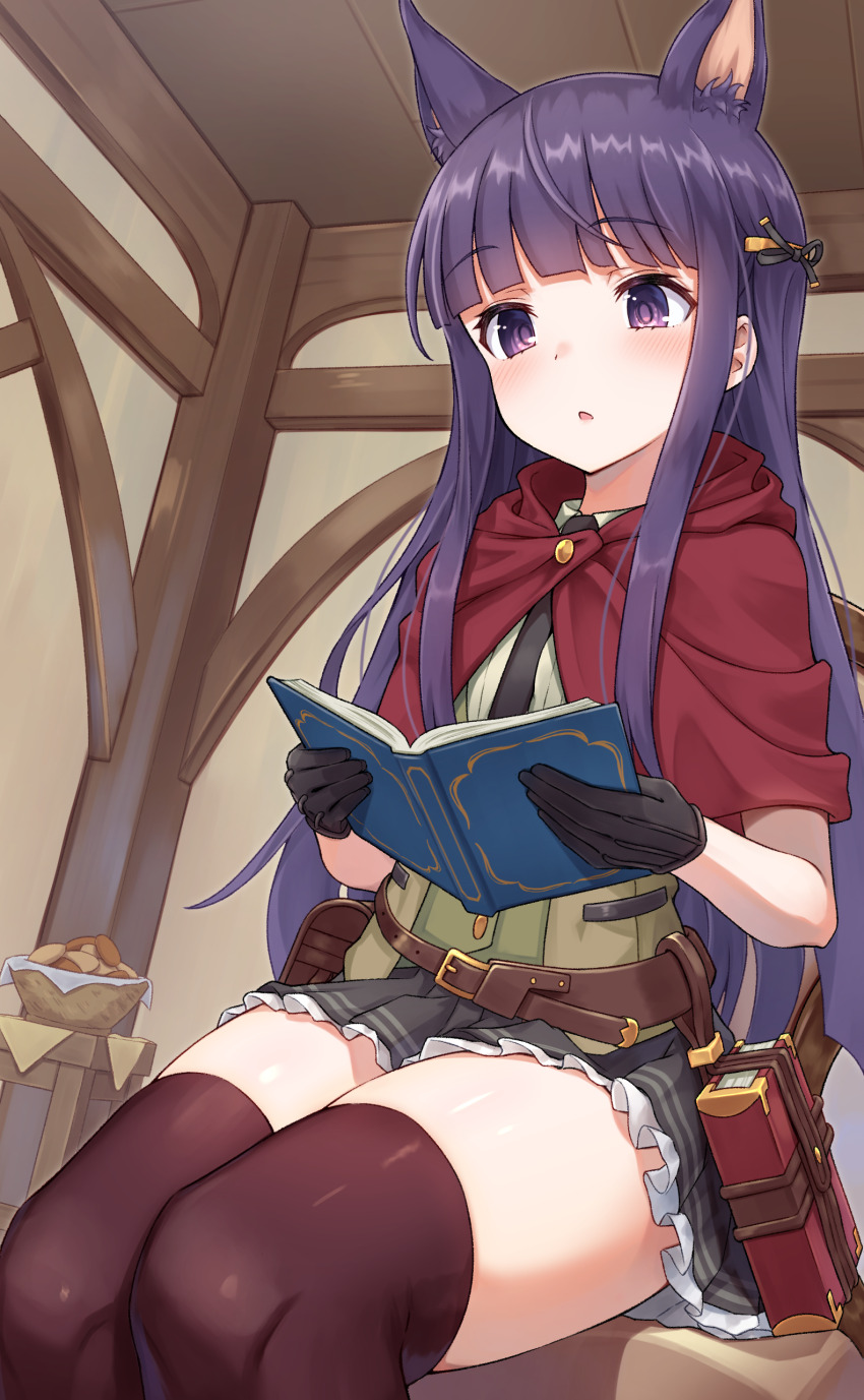 1girl absurdres animal_ears black_gloves black_necktie blush book capelet chestnut_mouth commission dog_ears frilled_skirt frills gloves highres holding holding_book kasumi_(princess_connect!) komashiro_n long_hair necktie open_book pleated_skirt princess_connect! purple_eyes purple_hair red_capelet sitting skeb_commission skirt solo thighhighs thighs