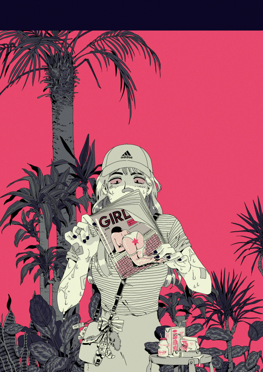 1girl adidas ashtray bag bag_charm bandaid bandaid_on_arm bandaid_on_face bandaid_on_hand bandaid_on_nose baseball_cap bent_over black_nails blonde_hair blush bow censored charm_(object) choo colored_sclera commentary drink drinking_straw dripping english_commentary greyscale_with_colored_background halftone handbag hat highres holding holding_magazine juice juice_box long_hair magazine_(object) monochrome original outdoors palm_tree pink_background pink_sclera pink_theme plant pornography puddle shaded_face shirt short_sleeves shoulder_bag skirt solo spot_color striped_clothes striped_shirt sweat sweatdrop t-shirt table topless_female tree upper_body wading white_hat