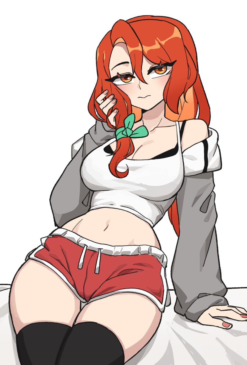 1girl arm_support black_bra black_thighhighs bra bra_peek breasts camisole cleavage closed_mouth commentary commentary_typo cowboy_shot dolphin_shorts english_commentary green_ribbon grey_jacket hair_bun hair_ribbon hand_in_own_hair highres hyyun_ho jacket june_(hyyun_ho) large_breasts long_hair looking_at_viewer midriff navel off_shoulder orange_eyes orange_hair original red_shoes ribbon shoes shorts simple_background solo stomach thighhighs underwear white_background white_camisole white_trim