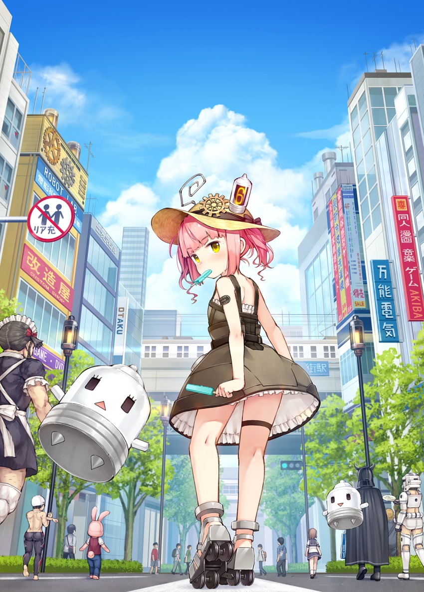 1girl 2girls 6+boys akicolle androgynous android animal_costume animal_ears armor back backpack bag bare_back bare_shoulders beard black_bow black_hair blue_sky blush boots bow bridge brown_eyes building cape clothes_lift cloud cosplay crossdressing darth_vader day dress eating eyebrows facial_hair food frilled_skirt frills from_behind from_below full_body gears hat helmet highres holding horns ice_cream lamppost leg_hair looking_at_viewer looking_back maid mascot mouth_hold multiple_boys multiple_girls namaru_(summer_dandy) nature official_art out_of_frame outdoors pink_hair popsicle rabbit_costume rabbit_ears rabbit_tail red_bow road road_sign roller_skates school_uniform serafuku shop short_dress short_hair short_twintails sign sim skates skirt skirt_lift sky socks solo_focus sportswear star_wars stormtrooper stretching sun_hat sweat tail thigh_strap thighhighs traffic_light tree triangle_mouth twintails upskirt vacuum_tube white_thighhighs yellow_eyes
