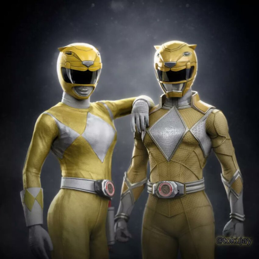 2girls arm_on_another&#039;s_shoulder armor belt bodysuit dino_buckler gloves helmet kyouryuu_sentai_zyuranger mighty_morphin_power_rangers mighty_morphin_power_rangers:_once_&amp;_always mighty_morphin_yellow_ranger minh_kwan mother_and_daughter multiple_girls power_rangers redesign sabertooth_cat super_sentai tiger_ranger tokujay tokusatsu trini_kwan twitter_username yellow_bodysuit