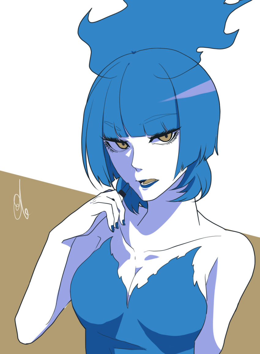 1girl animification blue_fire blue_hair blue_lips breasts cleavage disneyland dress fiery_hair fire highres lipstick looking_at_viewer makeup ms._hades okoge1138 simple_background solo