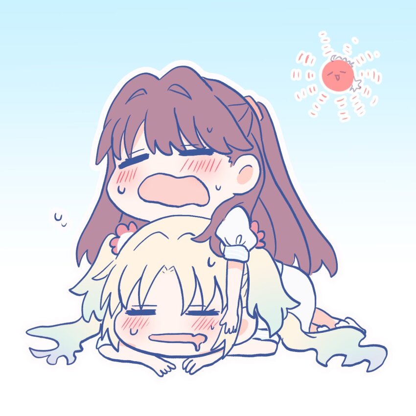2girls :3 :d ahoge anyoji_hime blonde_hair blue_background blue_dress blue_hair blush brown_hair chibi chibi_only closed_eyes commentary_request dress flower fujishima_megumi gradient_background gradient_hair hair_flower hair_ornament hasu_no_sora_school_uniform highres hot link!_like!_love_live! long_hair love_live! medium_dress multi-tied_hair multicolored_hair multiple_girls objectification open_mouth osawa_rurino outline pink_flower pleated_dress ponytail puffy_short_sleeves puffy_sleeves school_uniform short_sleeves simple_background smile summer_uniform sun sweat two_side_up virtual_youtuber watage_modoki white_outline