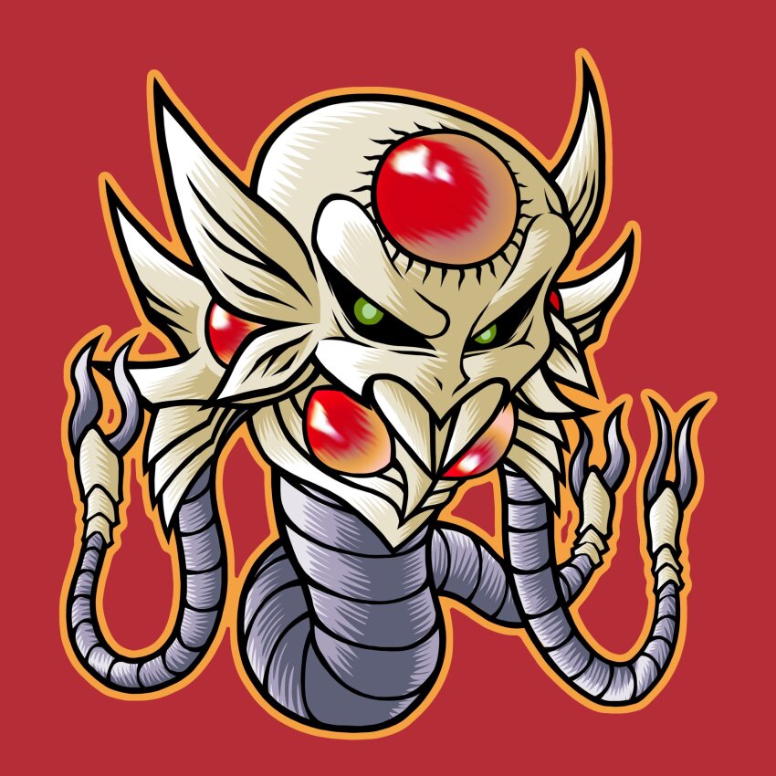 alien alien_mars armor chibi duel_monster exoskeleton fang fangs green_eyes highres looking_at_viewer mandibles monster monster_focus no_hands no_humans red_background sharp_teeth shoulder_armor teeth tentacles tk_moai_create yu-gi-oh!