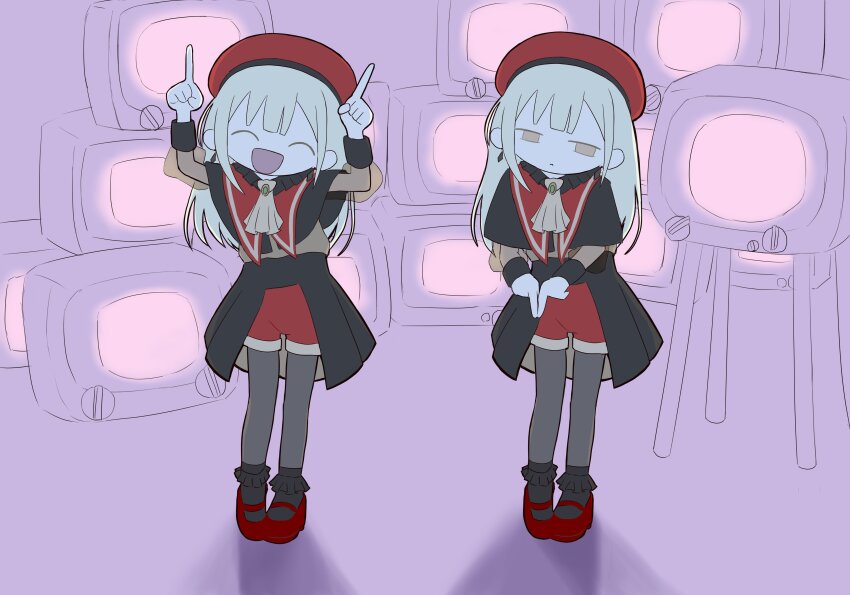 2girls :d absurdres ascot bang_dream! bang_dream!_it&#039;s_mygo!!!!! beret black_capelet black_pantyhose capelet closed_eyes closed_mouth commentary_request dual_persona earrings expressionless full_body green_brooch green_hair hat highres horns_pose index_fingers_raised internet_yamero jewelry long_hair long_sleeves mortis_(bang_dream!) mortis_(costume)_(bang_dream!) mortis_(persona)_(bang_dream!) multiple_girls open_mouth pantyhose parody pointing pointing_down pointing_up red_hat red_shoes shoes sidelocks sky_fish02 smile standing television wakaba_mutsumi white_ascot