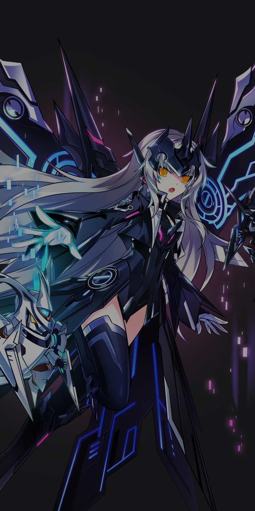 1girl black_background black_boots black_dress black_wings boots dot_nose dress elsword eve_(elsword) feet_out_of_frame gloves grey_hair highres hwansang long_dress long_hair long_sleeves marking_on_cheek mechanical_wings official_art open_mouth robot science_fiction second-party_source simple_background solo thigh_boots very_long_hair white_gloves wings yellow_eyes