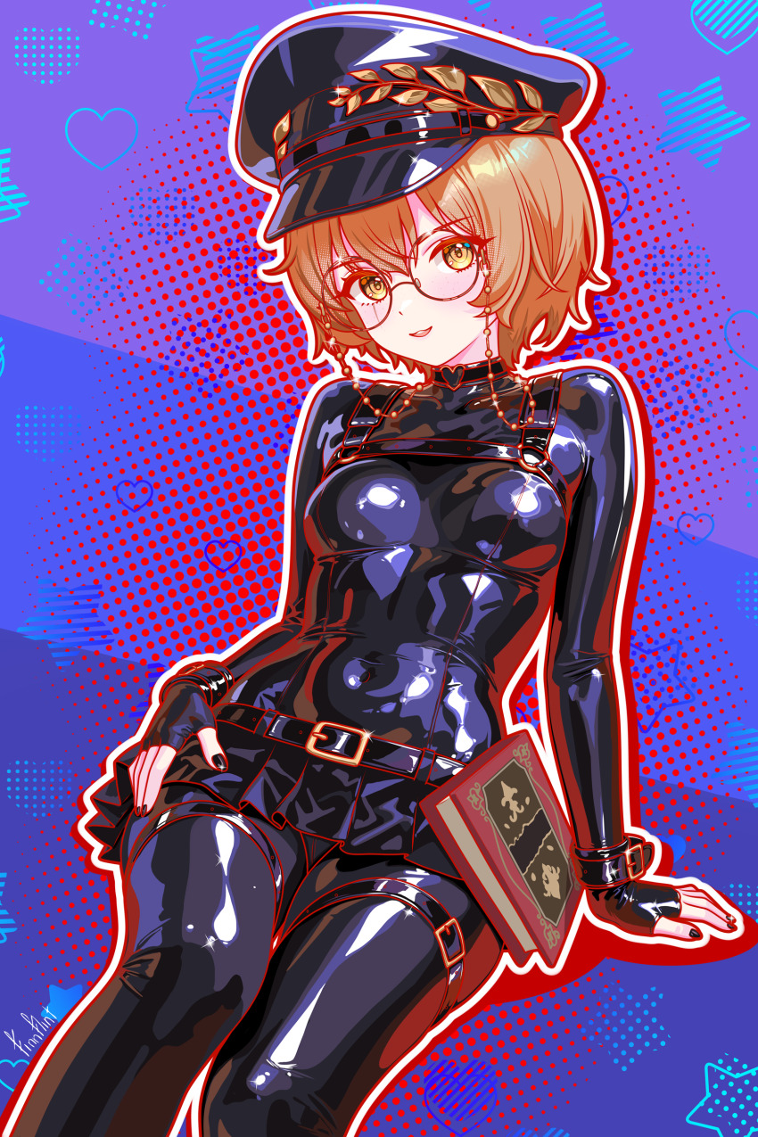 1girl abstract_background absurdres belt black_bodysuit black_nails bodysuit book breasts brown_eyes brown_hair clio_aite commission fingerless_gloves finn_flint glasses gloves highres latex latex_bodysuit microskirt open_mouth phase_connect round_eyewear shiny_clothes short_hair skirt small_breasts smile virtual_youtuber