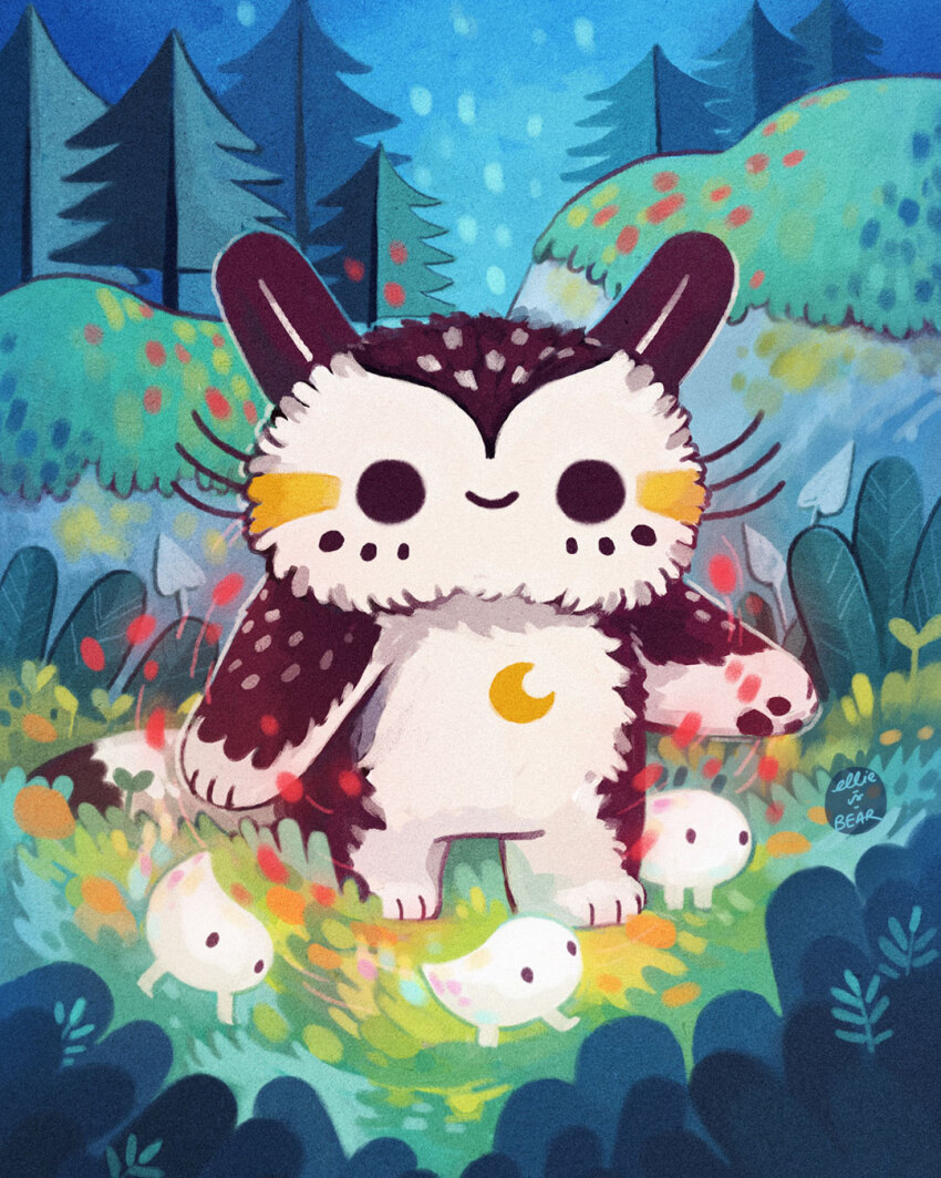 animal animal_focus artist_name bug commentary day ellievsbear english_commentary flower ghost grass highres insect leaf moth nature no_humans original outdoors signature smile solid_circle_eyes solo standing tree