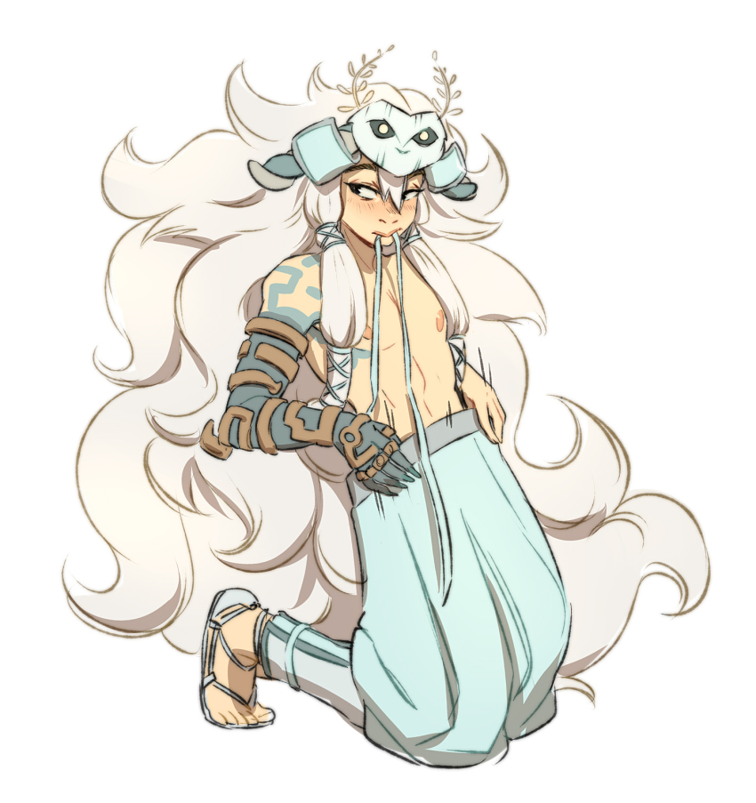 1boy :&gt; arm_tattoo bishounen blush grey_hair highres kneeling link long_hair looking_to_the_side mask mask_on_head mouth_hold mystic_set_(zelda) nintendo nipples ripushko sandals simple_background simple_bird solo tattoo the_legend_of_zelda the_legend_of_zelda:_tears_of_the_kingdom topless_male undressing very_long_hair white_background