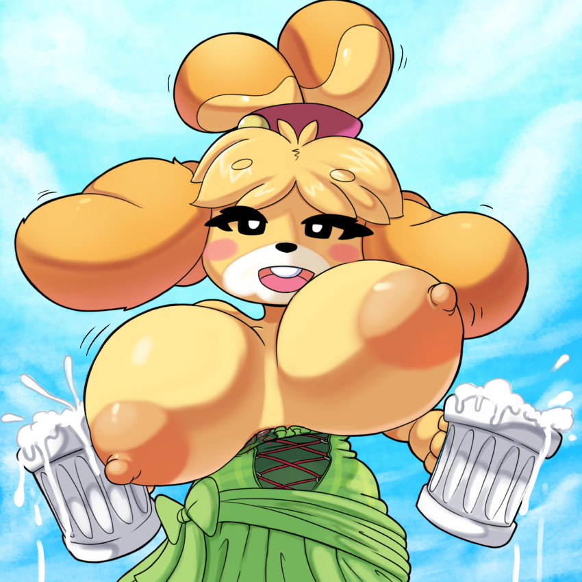 1girl animal_crossing blush_stickers bouncing_breasts breasts breasts_out brown_fur buck_teeth cup dress furry furry_female green_dress highres huge_breasts inchduhernz isabelle_(animal_crossing) large_areolae mug multicolored_fur nintendo nipples open_mouth shih_tzu smile standing teeth yellow_fur