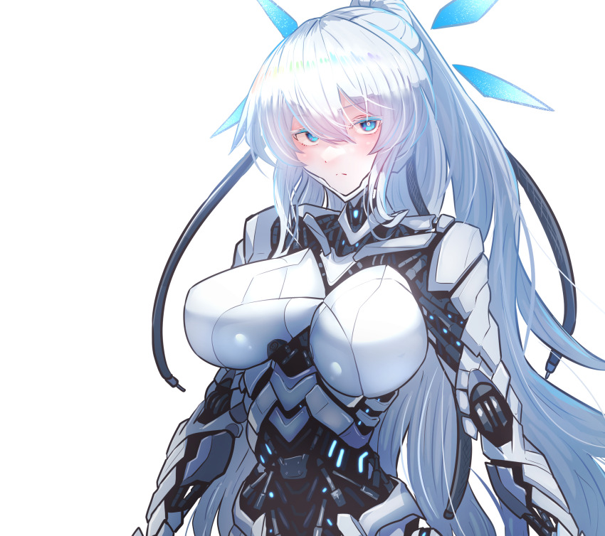 1girl android blue_eyes breasts cable hair_between_eyes highres joints large_breasts long_hair looking_at_viewer natsukaze_shigure original ponytail robot_girl robot_joints science_fiction simple_background solo upper_body very_long_hair white_background white_hair