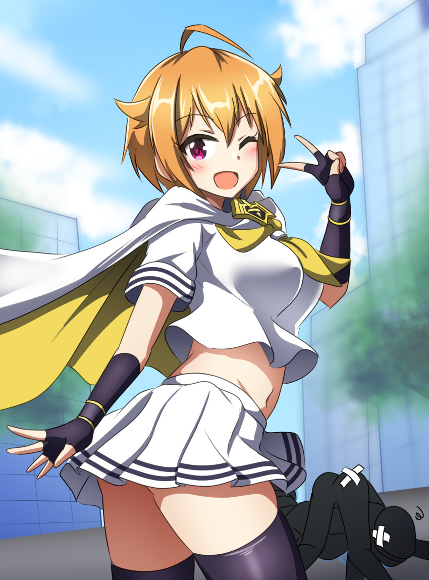 ahoge amulet black_gloves black_thighhighs blonde_hair breasts city cloak crop_top dot_nose fingerless_gloves gloves highres ibuki_tsubasa idol_heroes_(idolmaster) idolmaster idolmaster_million_live! looking_at_viewer looking_back mighty_sailor miniskirt navel neckerchief okutanro one_eye_closed open_mouth outdoors pleated_skirt red_eyes shirt short_hair skirt smile standing thighhighs v white_cloak white_shirt white_skirt yellow_neckerchief