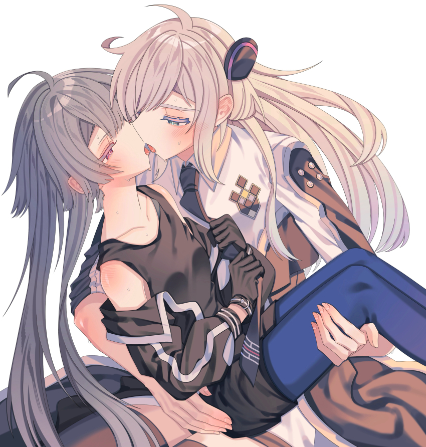 2girls absurdres black_necktie blonde_hair blush breasts brown_necktie collared_dress commentary_request dress duel_monster emptyayya grey_hair highres kiss long_hair long_sleeves multiple_girls necktie red_eyes simple_background sky_striker_ace_-_raye sky_striker_ace_-_roze sweat twintails two-tone_dress yu-gi-oh! yuri