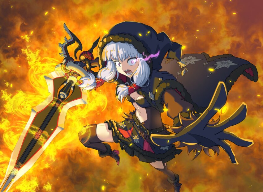 1girl agria_(black_santa)_(tales) agria_(tales) argyle_cloak black_cloak blunt_bangs bodystocking boots christmas cloak clothing_cutout commission fiery_background fighting fighting_stance fire flaming_eye freckles frills fur-trimmed_boots fur-trimmed_cloak fur-trimmed_hood fur_trim gloves hair_rings hat_ornament highres holding holding_sword holding_weapon hood long_hair looking_at_viewer low-tied_sidelocks navel official_alternate_costume open_mouth purple_eyes sidelocks skirt solo star_(symbol) star_hat_ornament stomach sword tales_of_(series) tales_of_the_rays tales_of_xillia thigh_cutout toriyoshi_(mmxn3582) weapon white_hair