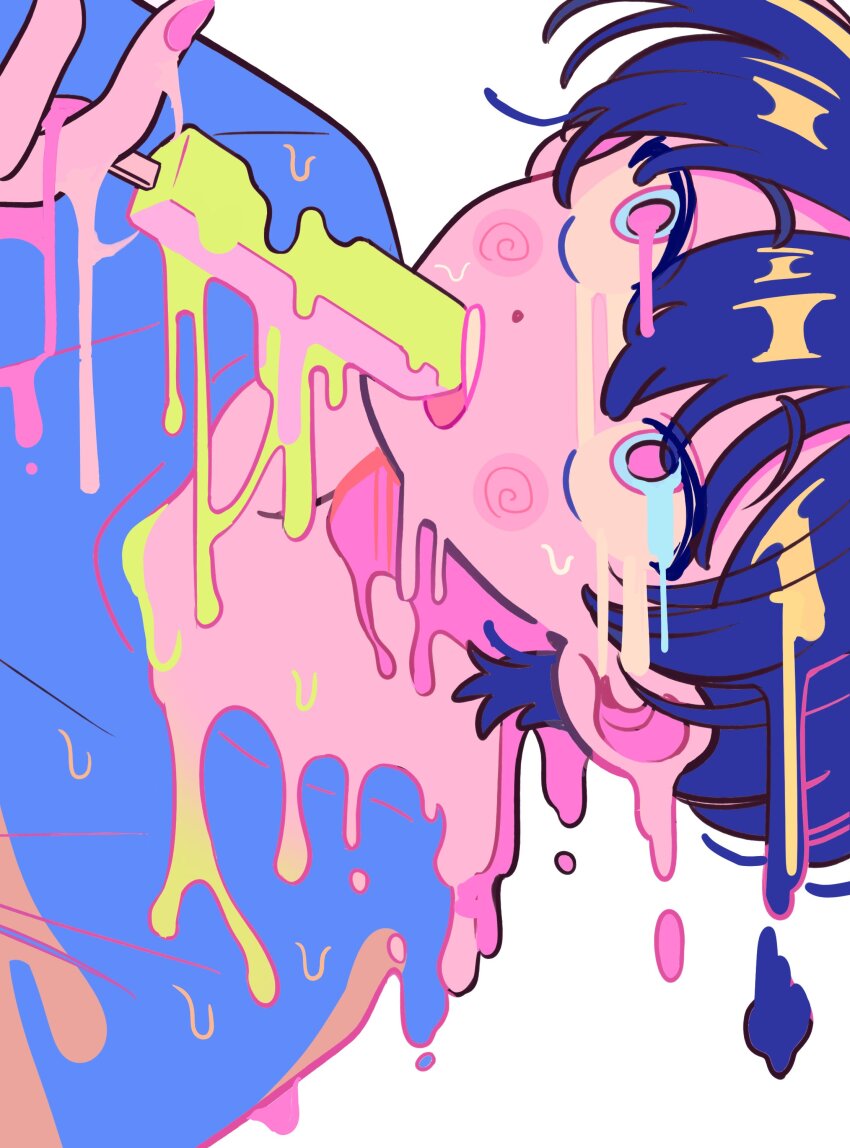 1boy absurdres blue_eyes blue_hair blue_shirt blush_stickers colored_lineart colorful dark_blue_hair distortion dolman_(dm) dot_nose double-parted_bangs eating food hair_between_eyes hand_up highres male_focus melting open_mouth original pink_pupils popsicle portrait raised_eyebrows shirt short_hair sideways solo teeth upper_teeth_only
