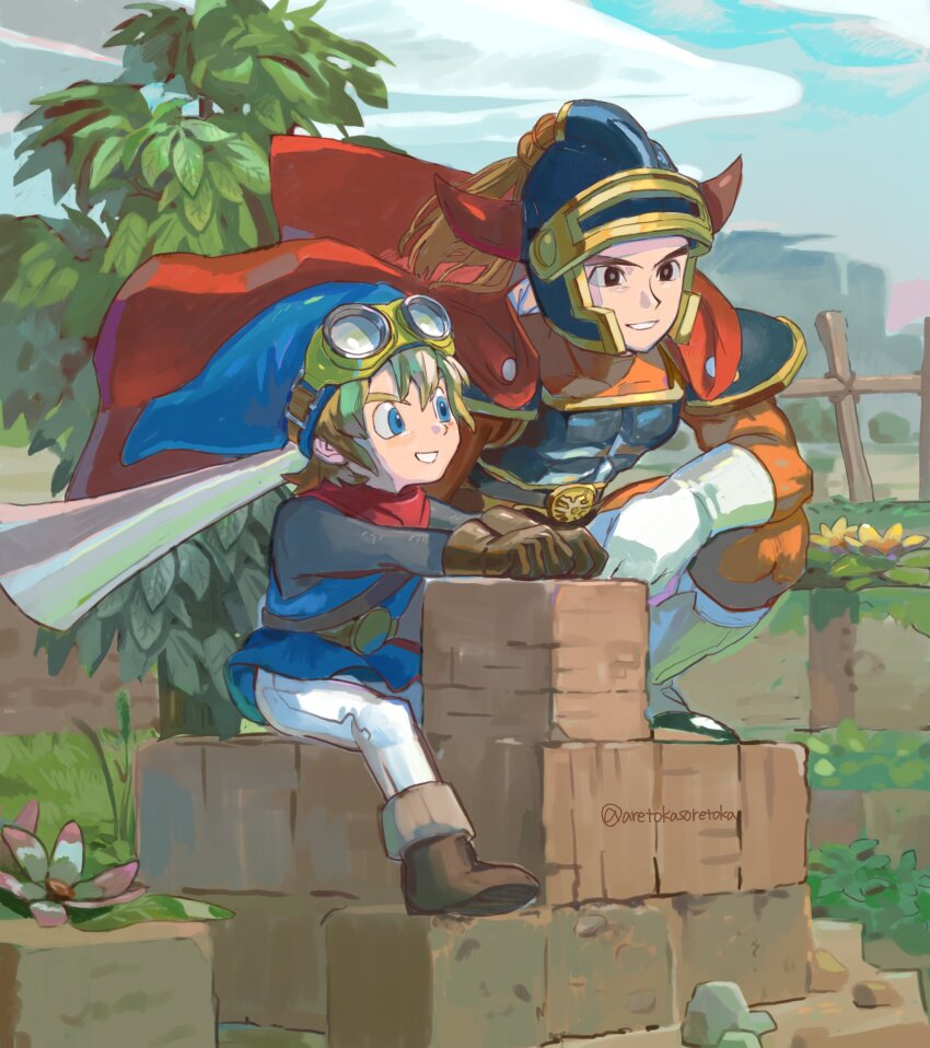 2boys absurdres aretokasoretoka arm_on_knee armor black_eyes blonde_hair blue_armor blue_eyes blue_hat blue_helmet blue_tunic bodysuit boots brown_footwear brown_gloves cape commentary_request dragon_quest dragon_quest_builders dragon_quest_i fake_horns fence floating_clothes flower gloves goggles goggles_on_headwear hat helmet hero_(dq1) highres horned_helmet horns looking_ahead looking_at_another male_builder_(dqb) male_focus medium_hair multiple_boys neckerchief on_one_knee orange_bodysuit outdoors pants red_cape red_horns red_neckerchief sitting smile tree tunic twitter_username two-sided_cape two-sided_fabric white_cape white_footwear white_gloves white_pants
